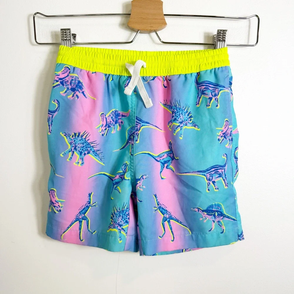 Chubbies Swim Trunks Boys Size 5/6 Blue Pink Ombre Neon Dinosaur Print Shorts